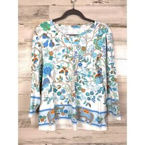 J. McLaughlin Womens XL White Blue Floral Elephant 3/4 Sleeve Casual Blouse NEW